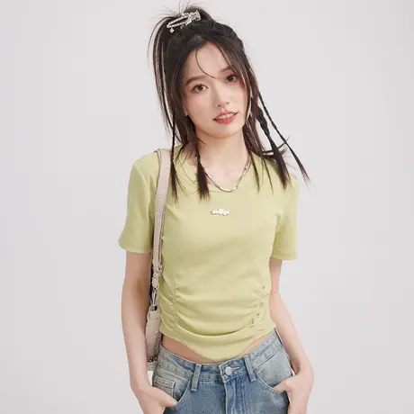 尔给法式独特别致复古鱼骨收腰短款上衣女夏2023新款修身短袖T恤图片