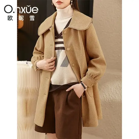 欧昵雪2023冬季新品高级感大翻领华夫格外套女长袖宽松中长款大衣图片