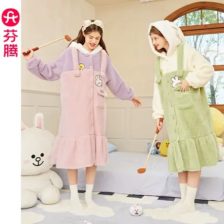 芬腾布朗熊睡袍女秋冬季珊瑚绒连帽睡衣抗静电加绒加厚休闲家居服图片