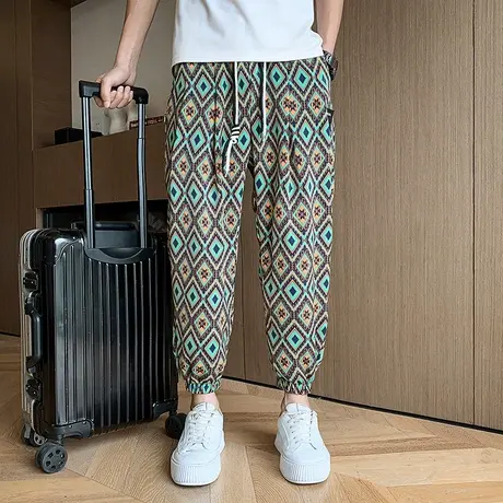 夏季男士裤子休闲裤民族风花色九分裤哈伦裤宽松潮流薄款运动卫裤商品大图