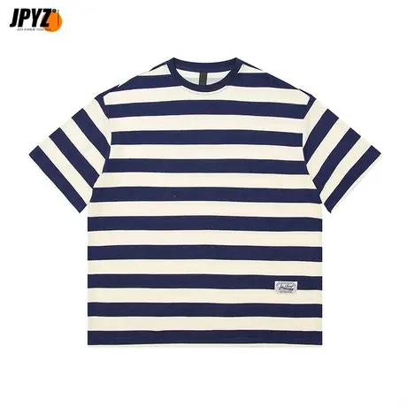 夏季重磅260g纯棉短袖t恤男潮牌宽松百搭半袖条纹男士体恤五分袖商品大图