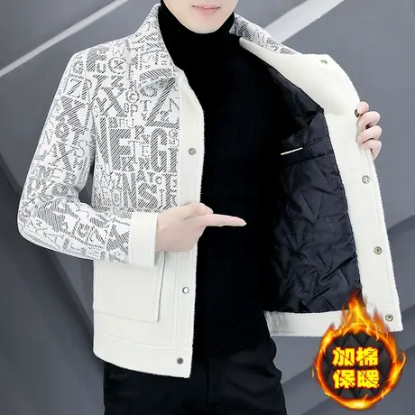 冬装加棉保暖外套男式个性潮牌帅气短款毛呢大衣韩版加厚呢子夹克商品大图