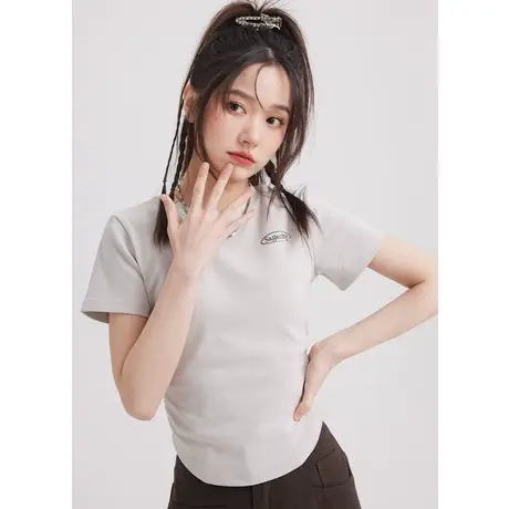 尔给美式复古甜辣短款修身上衣女夏2023新款字母韩版短袖正肩T恤图片