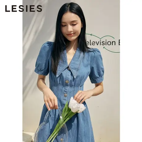 蓝色倾情春夏季女装新款 翻领收腰金属扣泡泡袖牛仔连衣裙子图片