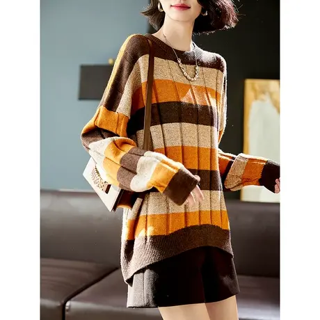 宝诗黎圆领条纹落肩毛衣针织衫女新款2024时尚慵懒春秋装套头上衣商品大图