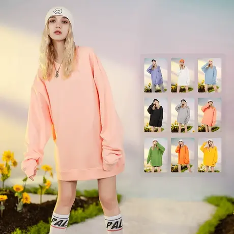 yep纯色圆领卫衣女粉色春秋宽松长袖oversize上衣无帽百搭外套商品大图