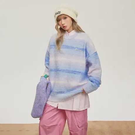 设计感潮牌圆领条纹毛衣女秋冬2023新款慵懒风复古宽松针织衫上衣图片