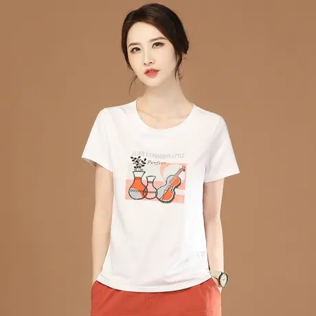 韩潮袭人文艺圆领印花白色短袖t恤女夏装宽松正肩体恤衫上衣小众商品大图