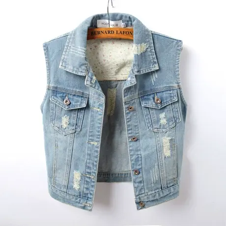 牛仔马甲女短款修身韩版新款春秋无袖外套背心破洞肩章大码夏-5商品大图