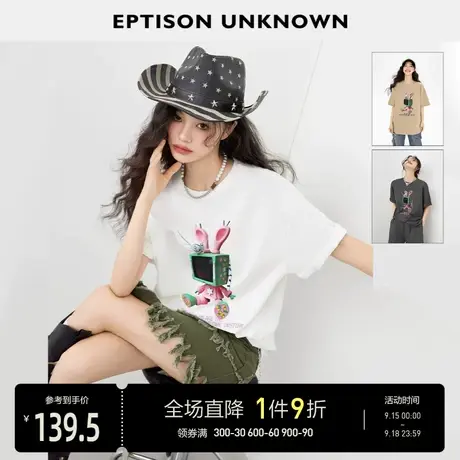 EPTISON短袖T恤女2023年夏季新款纯棉小众设计感印花宽松休闲上衣图片