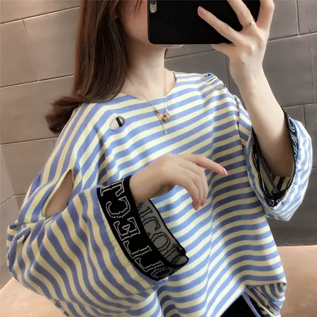 假两件条纹t恤女短袖2023春季新款宽松时尚夏装破洞字母上衣体恤图片