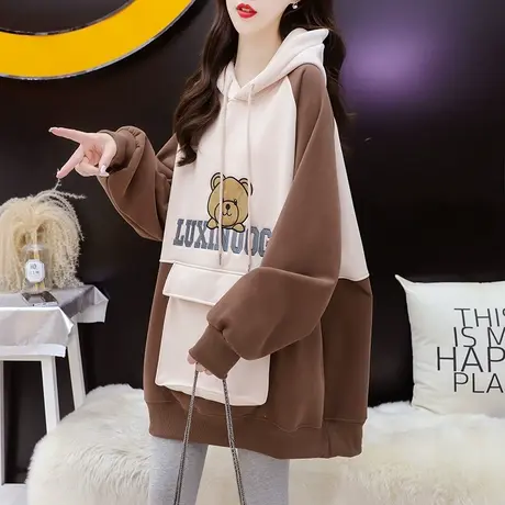 加绒加厚连帽卫衣女中长款2023新款秋冬季爆款洋气宽松设计感外套商品大图