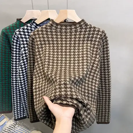 半高领毛衣女加厚打底衫2023秋冬新款套头千鸟格针织衫内搭上衣潮商品大图