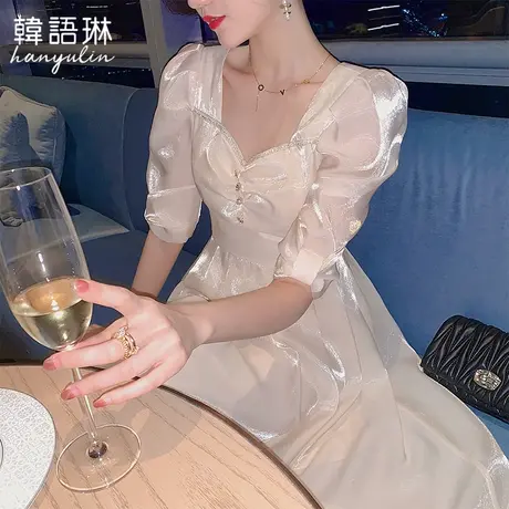 韩语琳法式连衣裙女夏季2023新款漂亮气质收腰显瘦高级感方领裙子图片