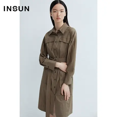 INSUN恩裳春季棉质贴袋风衣式美拉德连衣裙图片