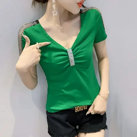 闪闪亮烫钻T恤女短袖夏装性感镂空V领上衣洋气百搭显瘦半袖小衫潮商品大图