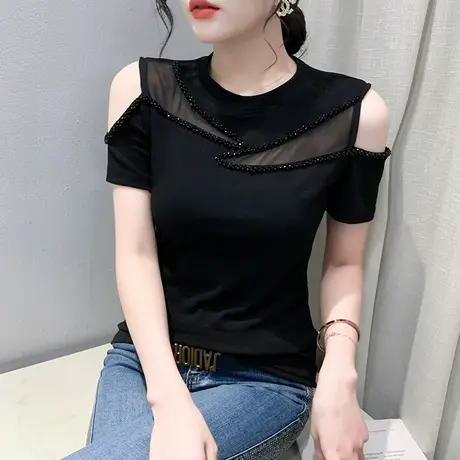 2024夏天新款性感网纱拼接t恤女短袖别致露肩小衫百搭显瘦上衣ins商品大图