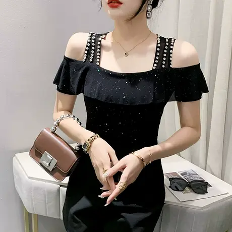 露肩网纱上衣女短袖欧货夏装性感一字领T恤洋气修身荷叶边小衫ins图片