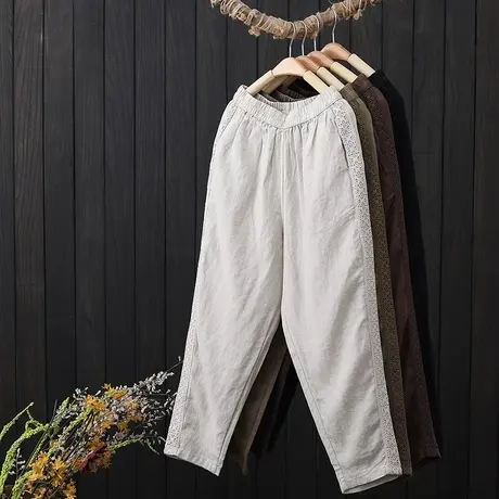 松紧腰宽松休闲裤女2023年春季新款文艺复古亚麻裤侧拼花边哈伦裤图片