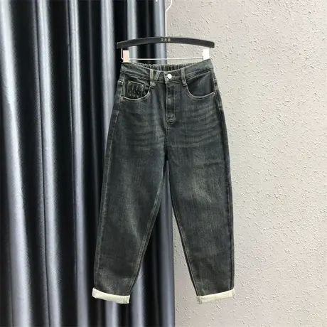 欧货哈伦裤女23秋冬新款加绒加厚保暖设计感高腰小众萝卜牛仔长裤图片