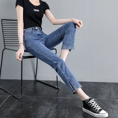 开叉直筒牛仔裤女春秋2023年新款高腰显瘦显高小个子九分烟管裤子图片