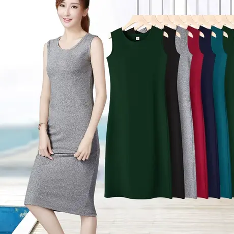 灰色直筒款无袖打底背心裙圆领宽肩带连衣裙过膝长裙简约秋季新款图片