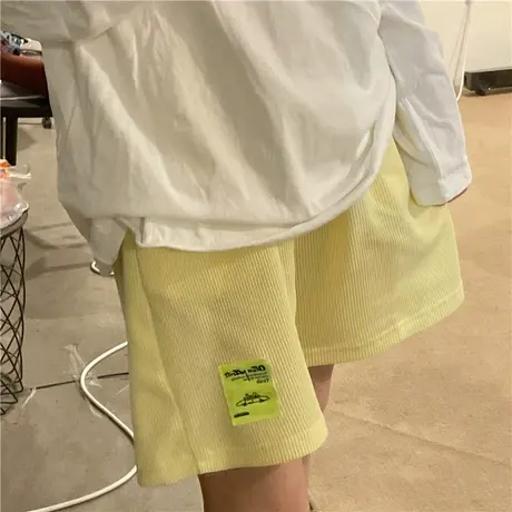 红续运动短裤女夏季宽松休闲设计感小众华夫格高腰阔腿抽绳五分裤商品大图