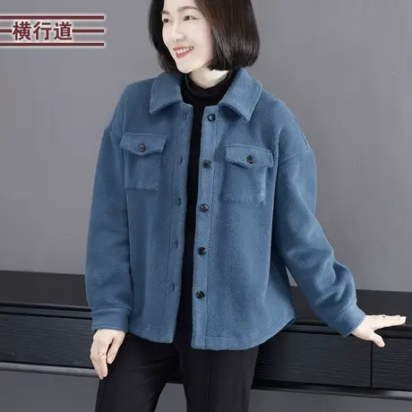 2024春季新款简约宽松翻领摇粒绒纯色长袖外套女大码外穿保暖上衣图片