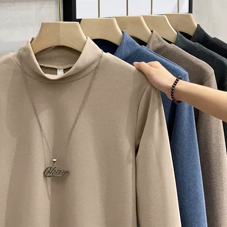 肌理感条纹长袖t恤秋冬半高领德绒打底衫秋装上衣服加绒中领秋衣商品大图