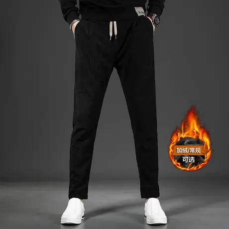 纯黑色灯芯绒休闲裤男秋冬款2022新款加绒加厚弹力修身小脚裤子男商品大图
