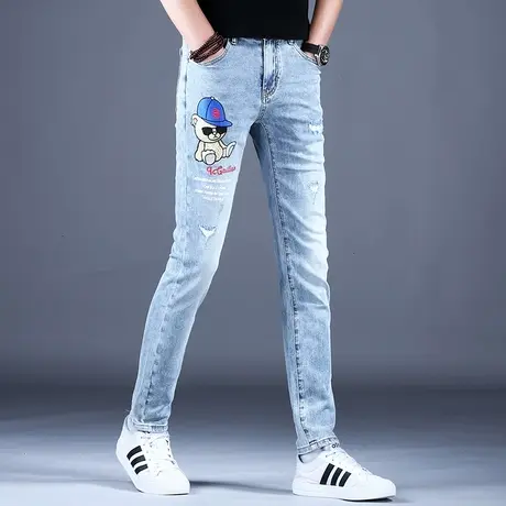 2023新款男士牛仔裤子经典浅蓝色破洞刺绣修身小脚裤男潮牌棉弹裤商品大图