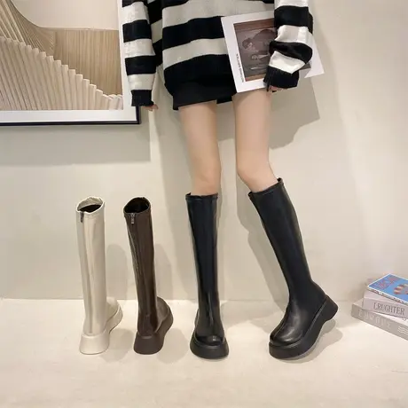 白色长筒靴女春秋2024年新款高筒骑士靴百搭厚底不过膝显瘦瘦长靴图片