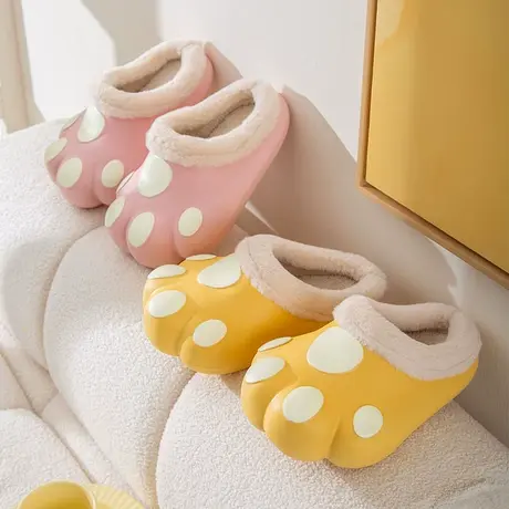 防水棉拖鞋女秋冬季可爱熊掌室内家居厚底防滑加绒保暖可外穿棉鞋商品大图