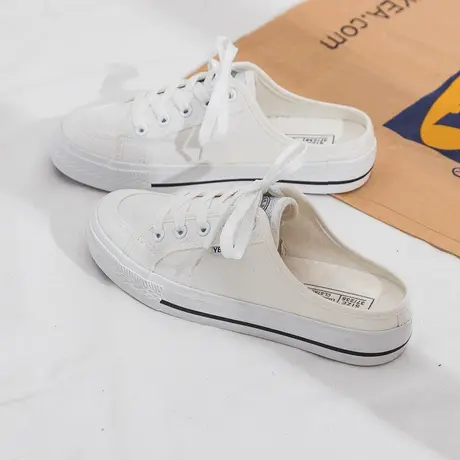 透气无后跟一脚蹬懒人鞋女半拖帆布鞋女2020夏季百搭板鞋女ins潮商品大图