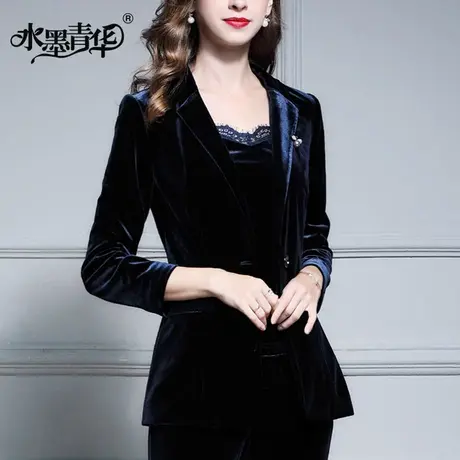 【1件7.9折】春装新款优雅通勤修身百搭金丝绒长袖西装女外套图片