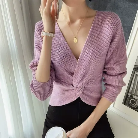 粉红大布娃娃毛衣女2022新款V领交叉扭结针织衫修身潮流上衣春新图片