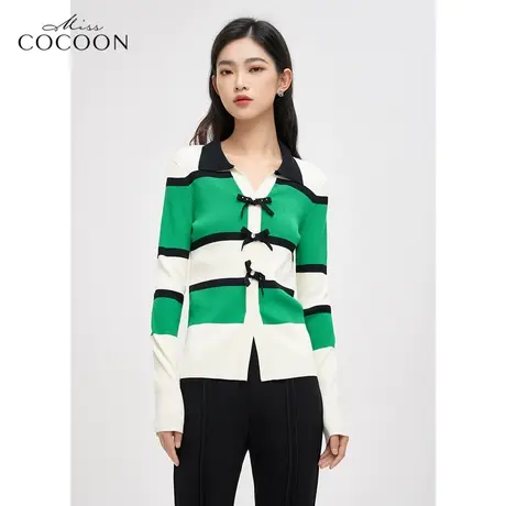 missCOCOON条撞色纹毛针织衫女2023新款春季蝴蝶结设计感显瘦上衣商品大图