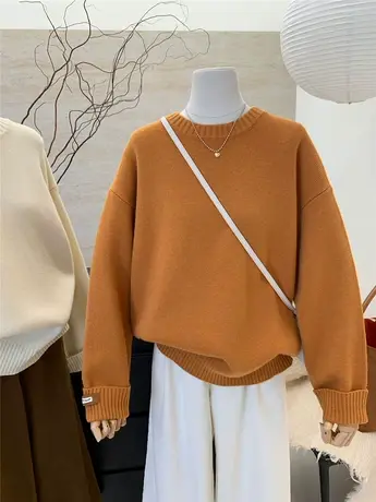 韩版宽松慵懒风加厚圆领毛衣女韩国厚实多巴胺圆领纯色针织衫上衣图片