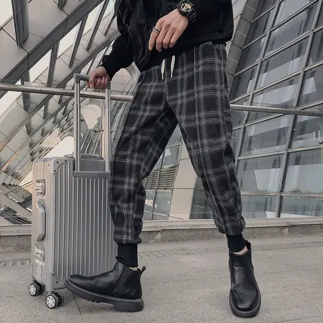 春秋季新款格子休闲哈伦宽松小脚裤痞帅网红同款潮流男士百搭长裤商品大图