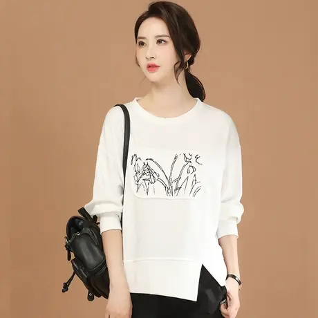 韩潮袭人宽松休闲圆领拼接开叉卫衣女2024春季新款百搭白色打底衫商品大图