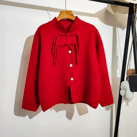 新中式国风红色针织开衫女冬季新款时尚显瘦百搭立领盘扣毛衣外套商品大图