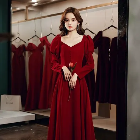 长袖敬酒服新娘秋冬季酒红色结婚宴会气质长款丝绒加厚晚礼服裙女图片