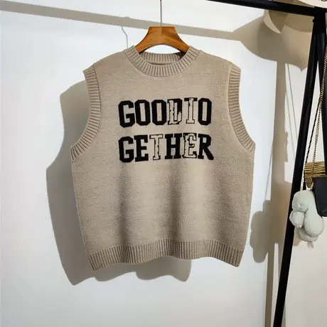 慵懒风针织马甲女秋冬新款宽松圆领字母学生无袖坎肩毛衣背心外穿商品大图