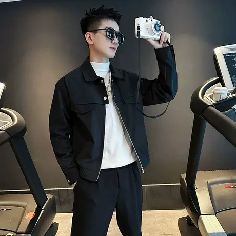 工装夹克男春季ins纯色简约褂子小众设计感韩版休闲翻领外套上衣图片