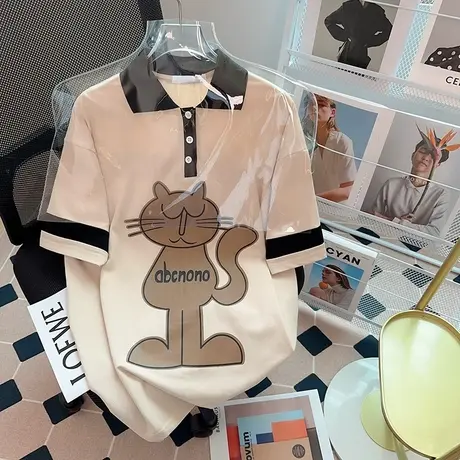 设计感polo衫短袖t恤女夏季新款小众韩版宽松欧货大版上衣服潮牌商品大图