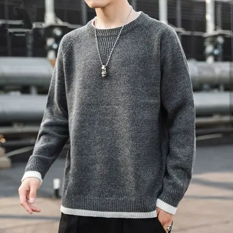 男士套头圆领毛衣春秋冬季线衣打底衫薄款外套上衣韩版潮流针织衫商品大图