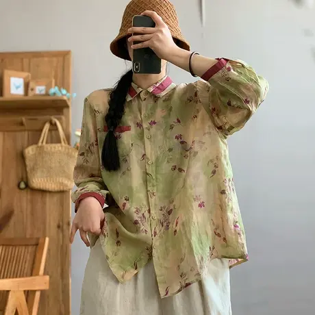 dza 复古polo领纯苎麻上衣女2024春新款宽松棉麻衬衣休闲长袖衬衫图片