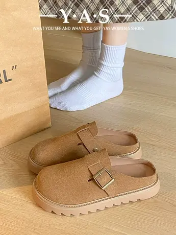厚底勃肯鞋女包头半拖鞋2024新款春季女鞋子孕妇平底一脚蹬懒人鞋商品大图
