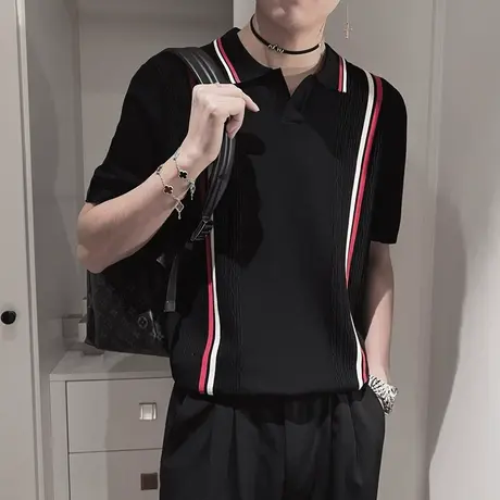 针织POLO衫男夏季拼色休闲高级感潮牌翻领上衣轻熟百搭短袖T恤ins商品大图