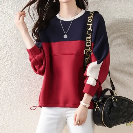 【3月4春新品8折】时尚圆领拼色长袖卫衣时尚气质显瘦套头上衣女图片